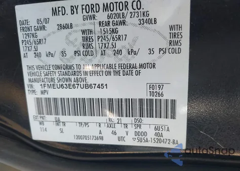 2007 Ford Explorer Xlt from USA, damaged, VIN 1FMEU63E67UB67451
